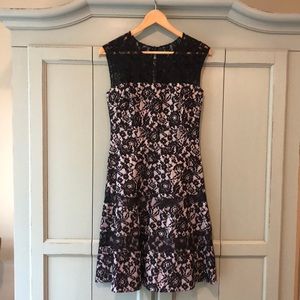 Kay Unger dress with black lace over purple silk